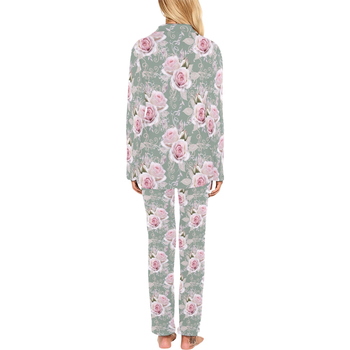 Rose White Pattern Print Design RO012 Women's Long Pajama Set