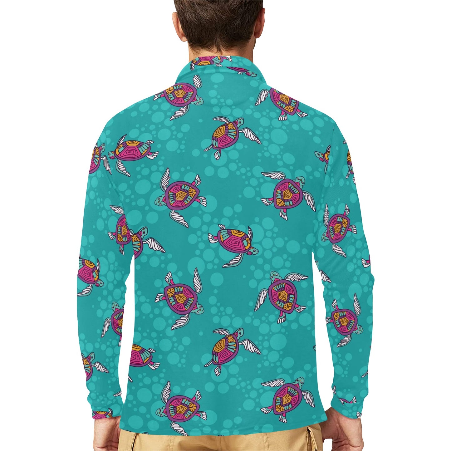 Sea Turtle Pattern Long Sleeve Polo Shirt For Men's