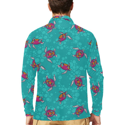 Sea Turtle Pattern Long Sleeve Polo Shirt For Men's