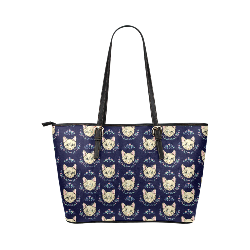 Cat Head with flower Print Pattern Leather Tote Bag
