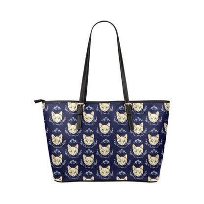 Cat Head with flower Print Pattern Leather Tote Bag