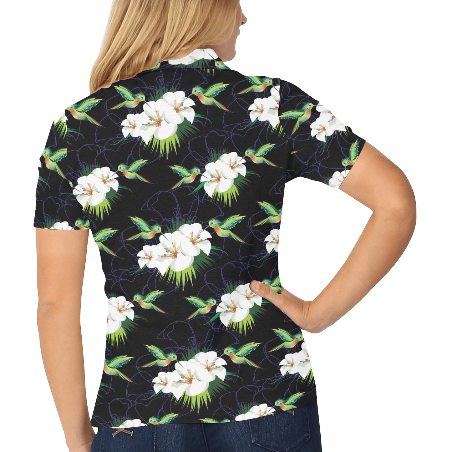 Hummingbird with Flower Pattern Print Design 03 Women's Polo Shirt