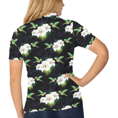 Hummingbird with Flower Pattern Print Design 03 Women's Polo Shirt
