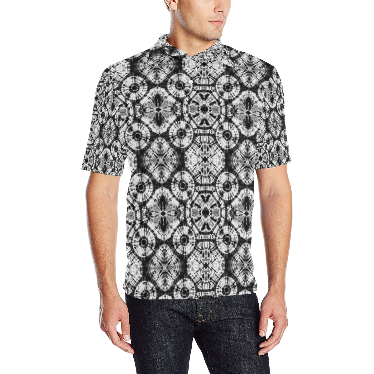 Tie Dye Black White Design Print Men Polo Shirt