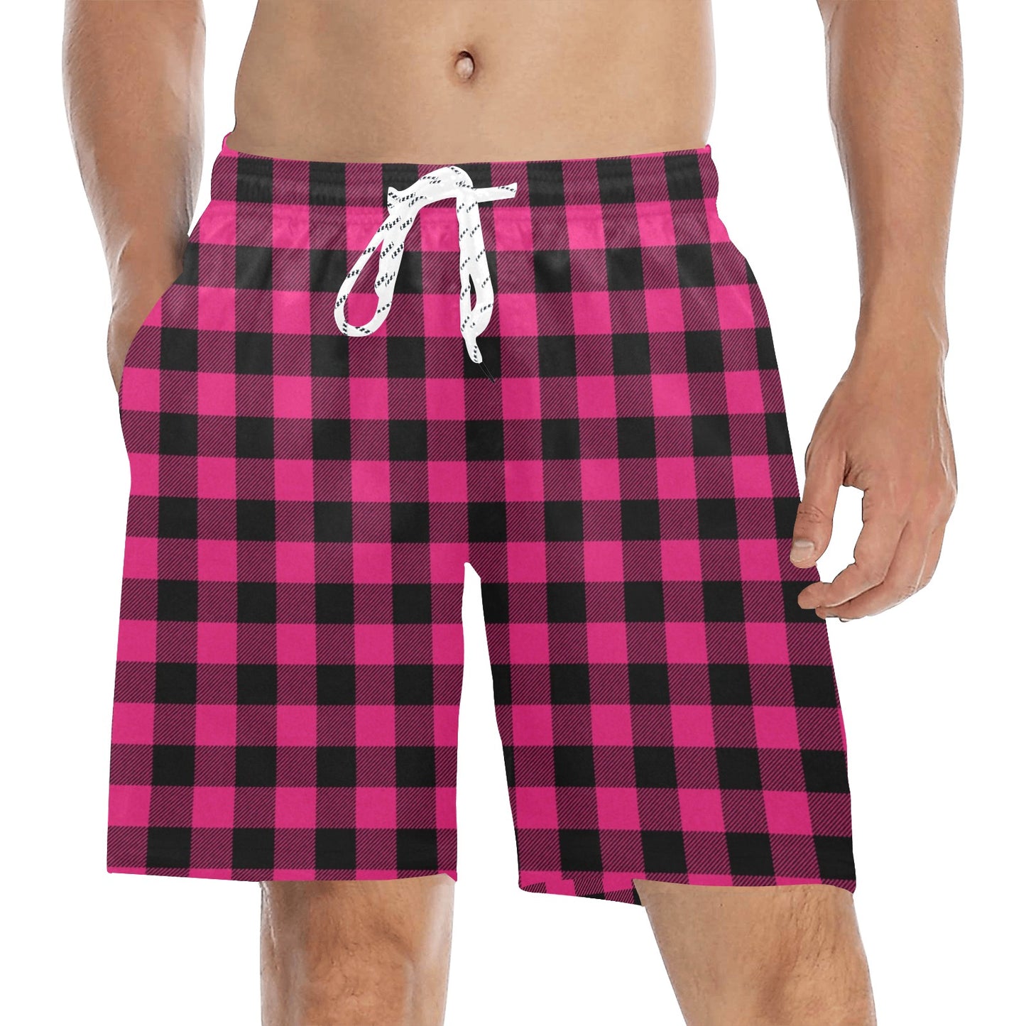 Pink Tartan Plaid Pattern Men's Swim Trunks Beach Shorts