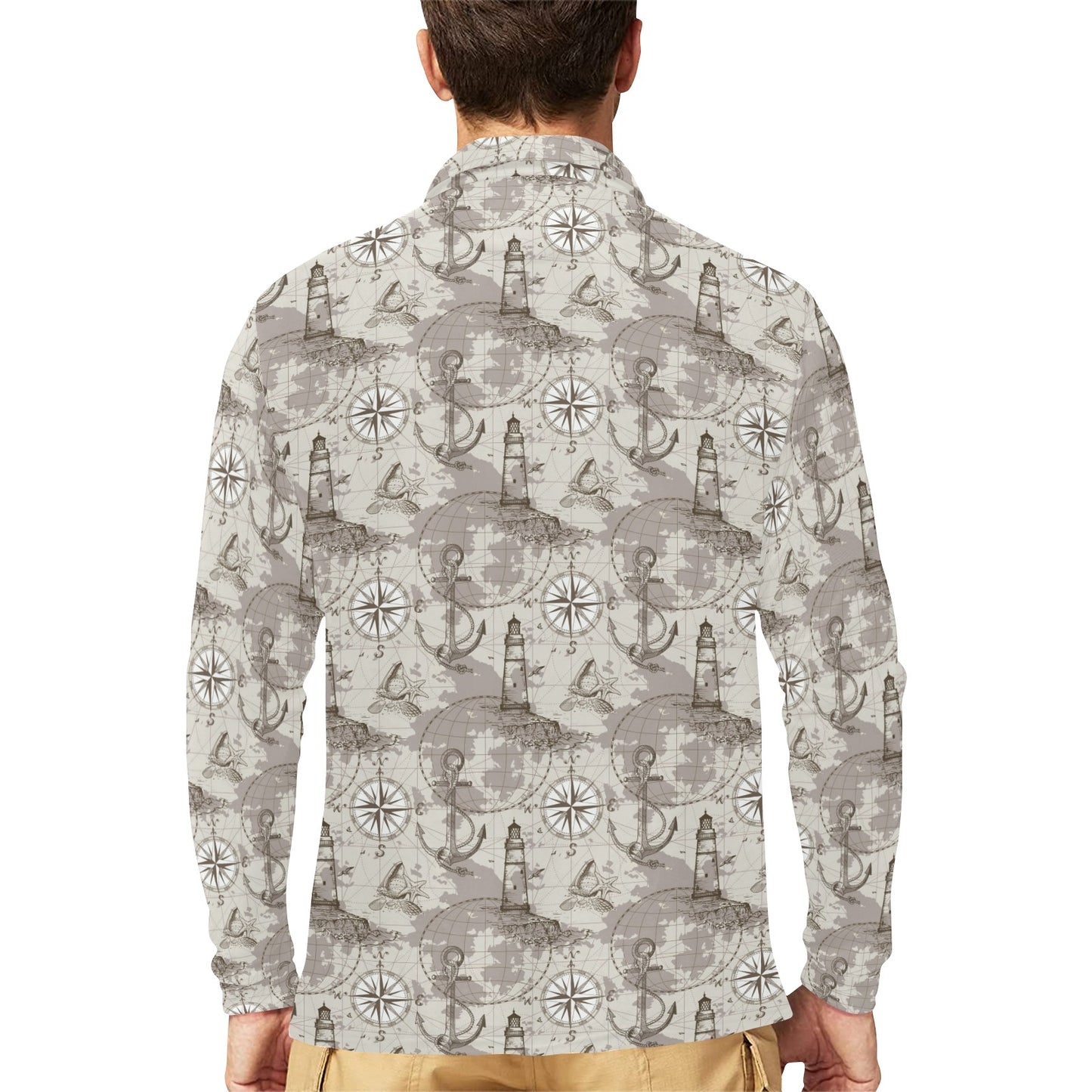 Nautical Map Design Themed Print Long Sleeve Polo Shirt For Men's