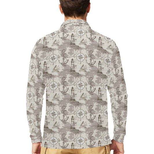 Nautical Map Design Themed Print Long Sleeve Polo Shirt For Men's
