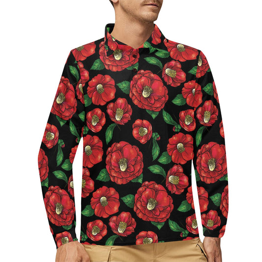 Camellia Pattern Print Design CM07 Long Sleeve Polo Shirt For Men's