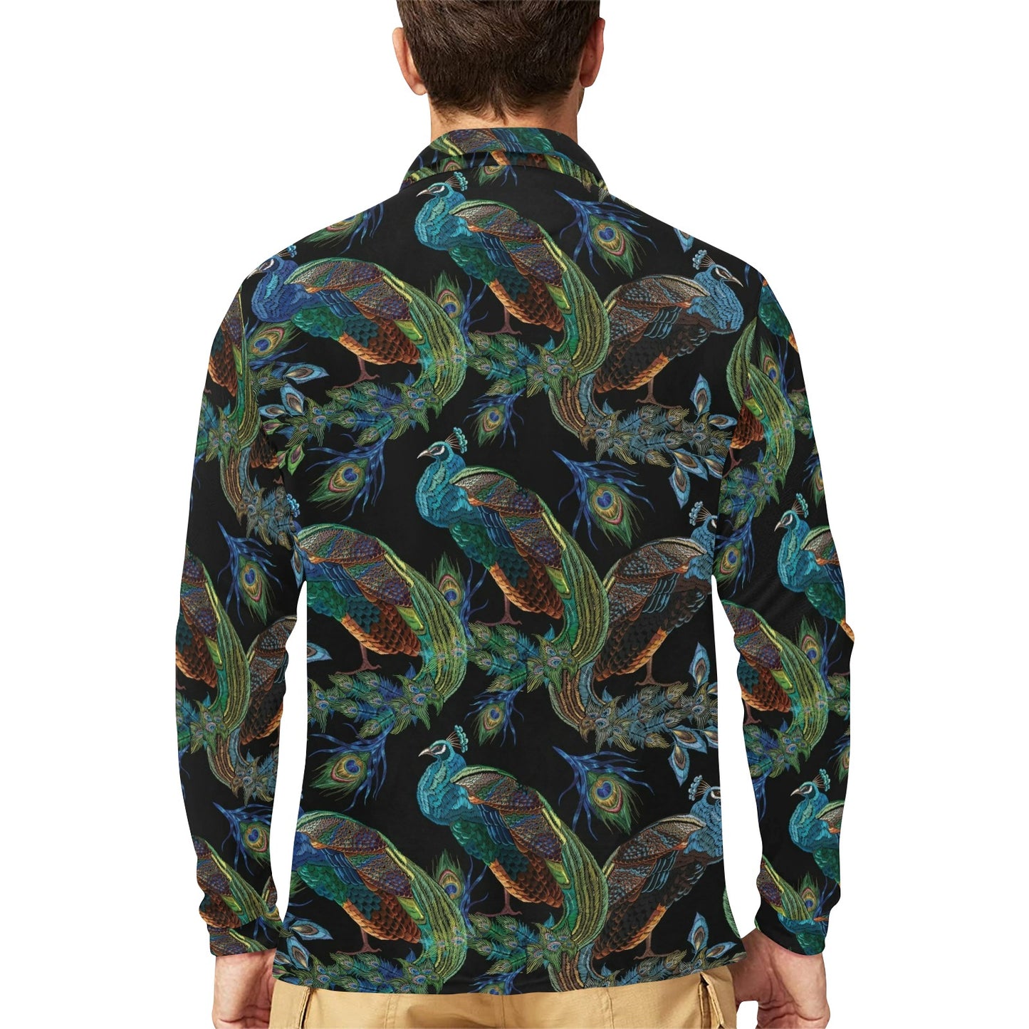 Peacock Pattern Print Design A04 Long Sleeve Polo Shirt For Men's