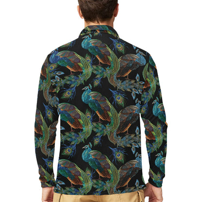 Peacock Pattern Print Design A04 Long Sleeve Polo Shirt For Men's