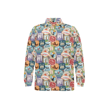 Travel Stamp Print Design LKS301 Long Sleeve Polo Shirt For Men's