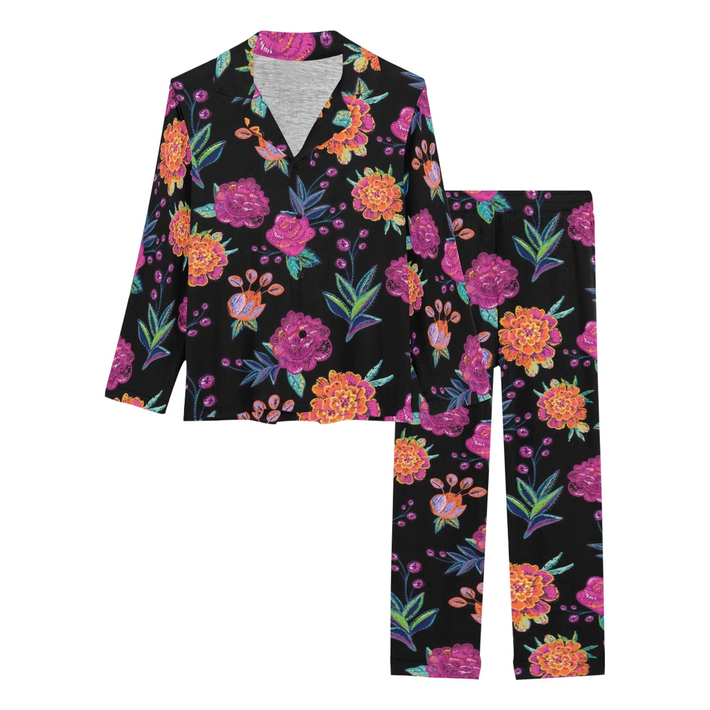 Marigold Pattern Print Design MR02 Women's Long Pajama Set