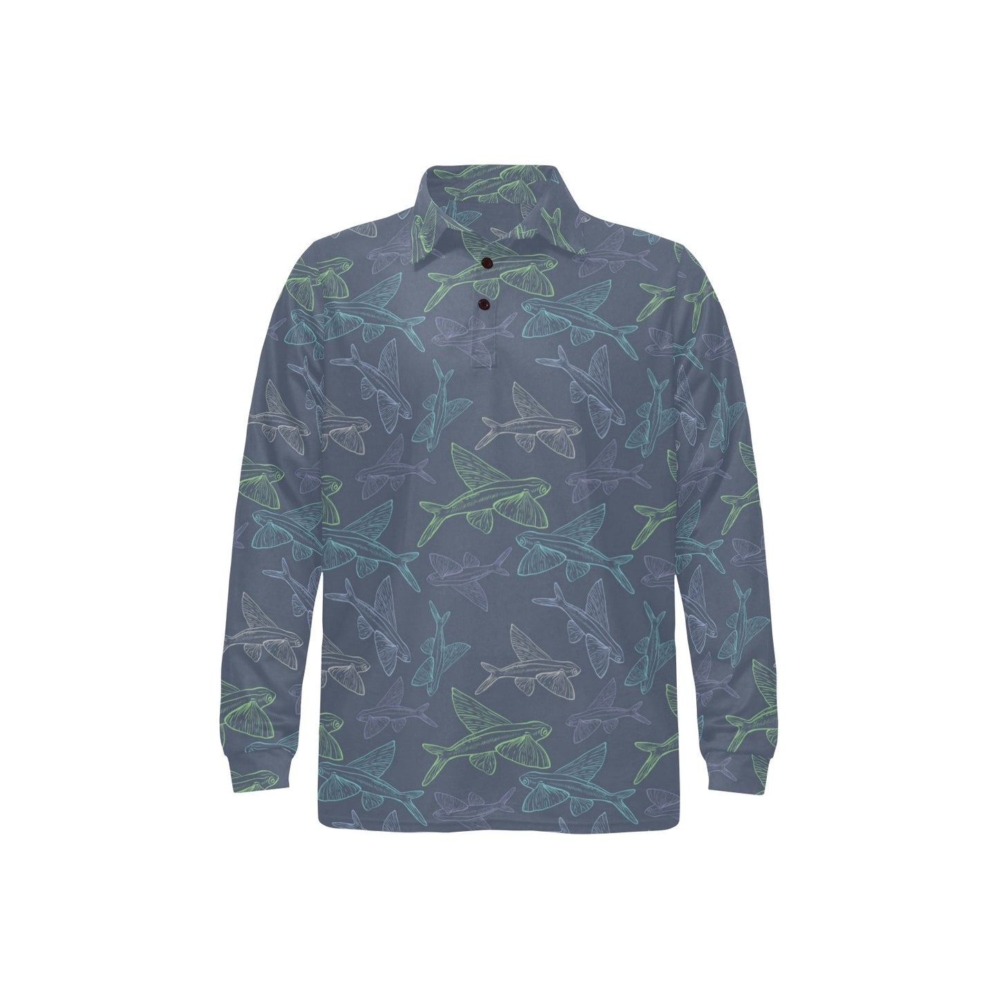 Flying Fish Pattern Print Design 02 Long Sleeve Polo Shirt For Men's