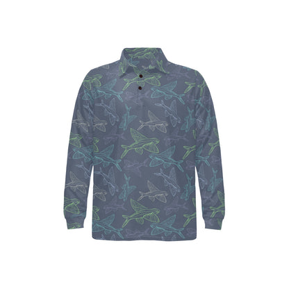 Flying Fish Pattern Print Design 02 Long Sleeve Polo Shirt For Men's