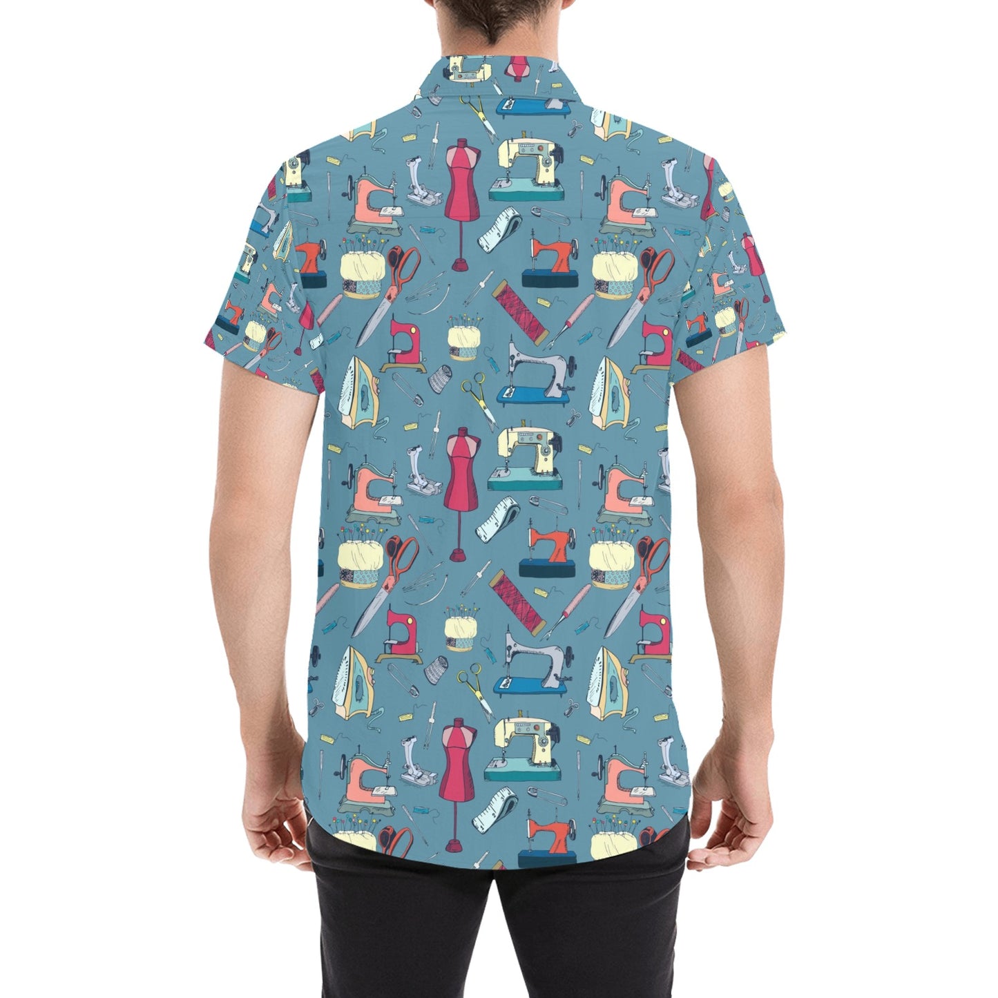 Sewing Equipment Print Design LKS301 Men Short Sleeve Button Up Shirt