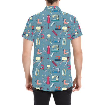 Sewing Equipment Print Design LKS301 Men Short Sleeve Button Up Shirt