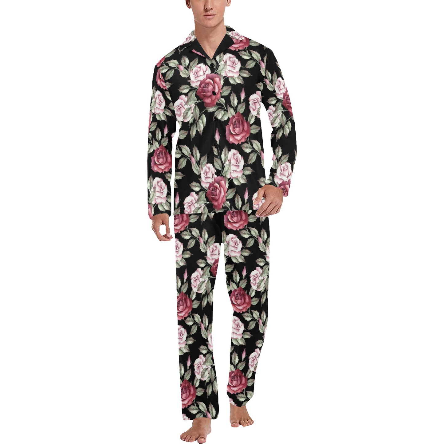 Rose Red Pink Pattern Print Design RO03 Men's Long Pajama Set
