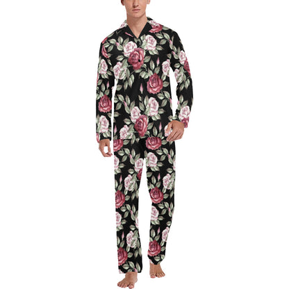 Rose Red Pink Pattern Print Design RO03 Men's Long Pajama Set