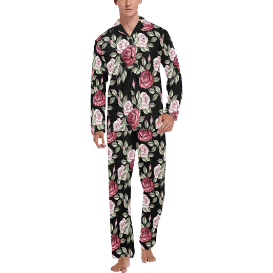 Rose Red Pink Pattern Print Design RO03 Men's Long Pajama Set