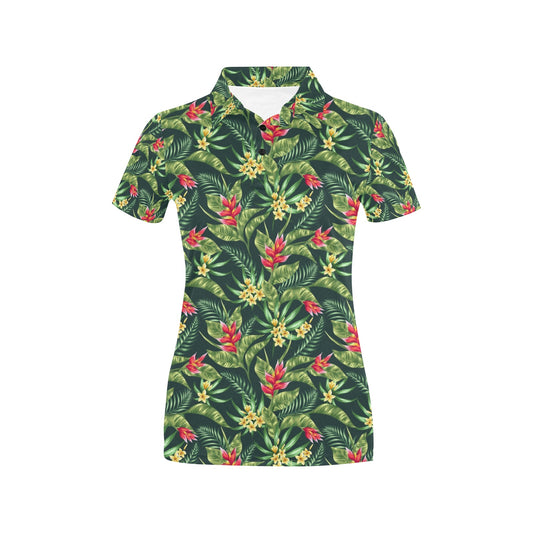 Tropical Folower Red Heliconia Print Women's Polo Shirt