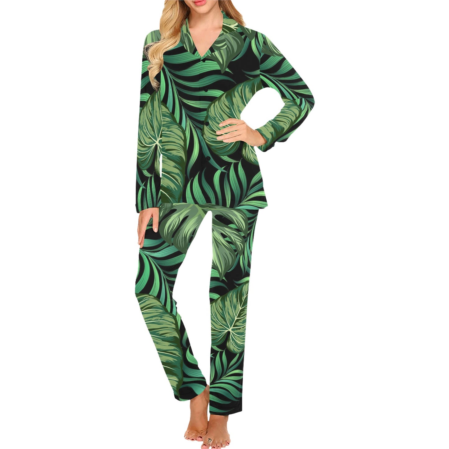 Green Fresh Tropical Palm Leaves Women's Long Pajama Set