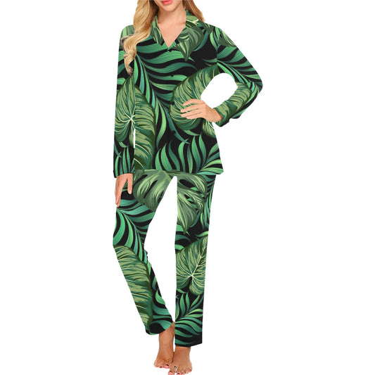 Green Fresh Tropical Palm Leaves Women's Long Pajama Set