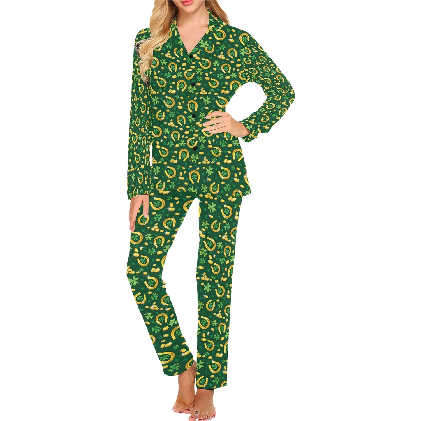 Shamrock Horse Shoes Saint Patrick's Day Print Design LKS307 Women's Long Pajama Set