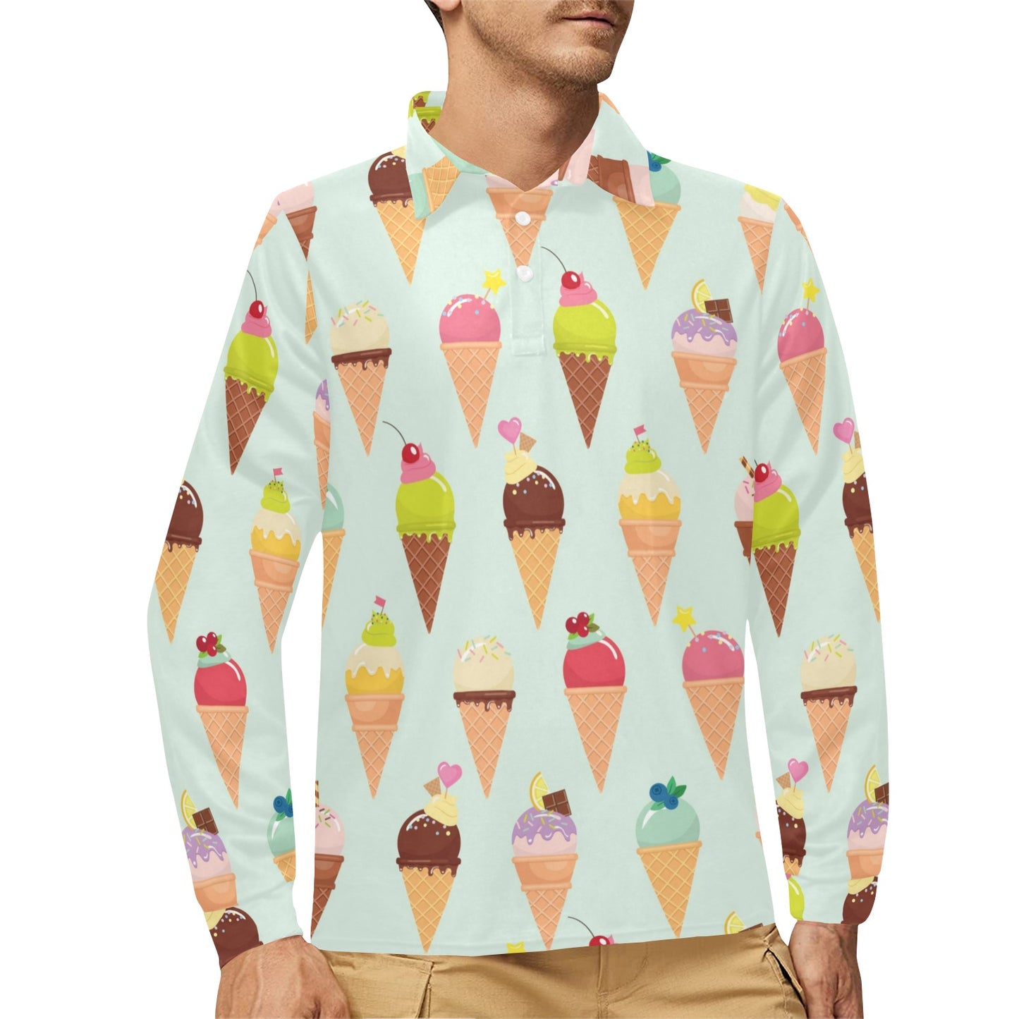 Ice Cream Pattern Print Design 03 Long Sleeve Polo Shirt For Men's