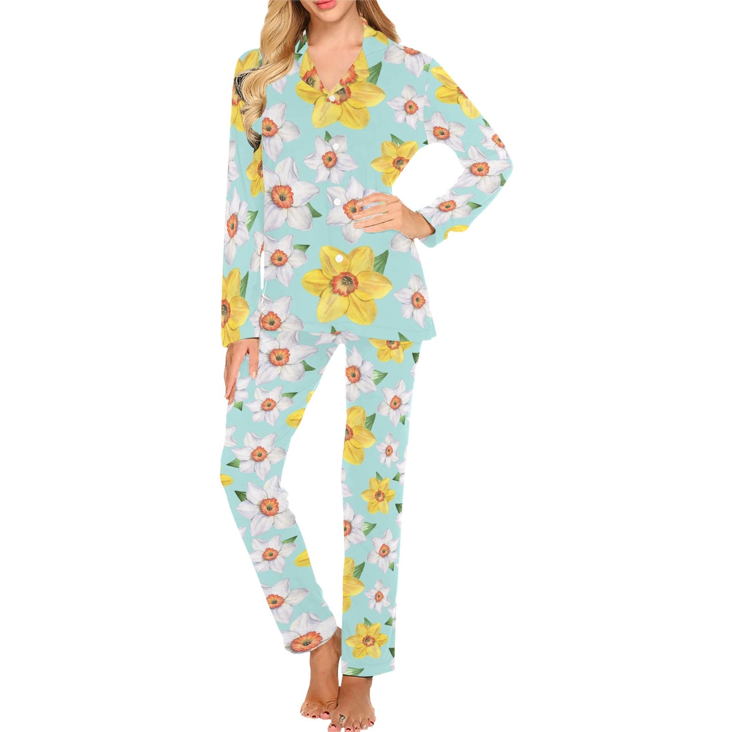 Daffodils Pattern Print Design DF07 Women's Long Pajama Set