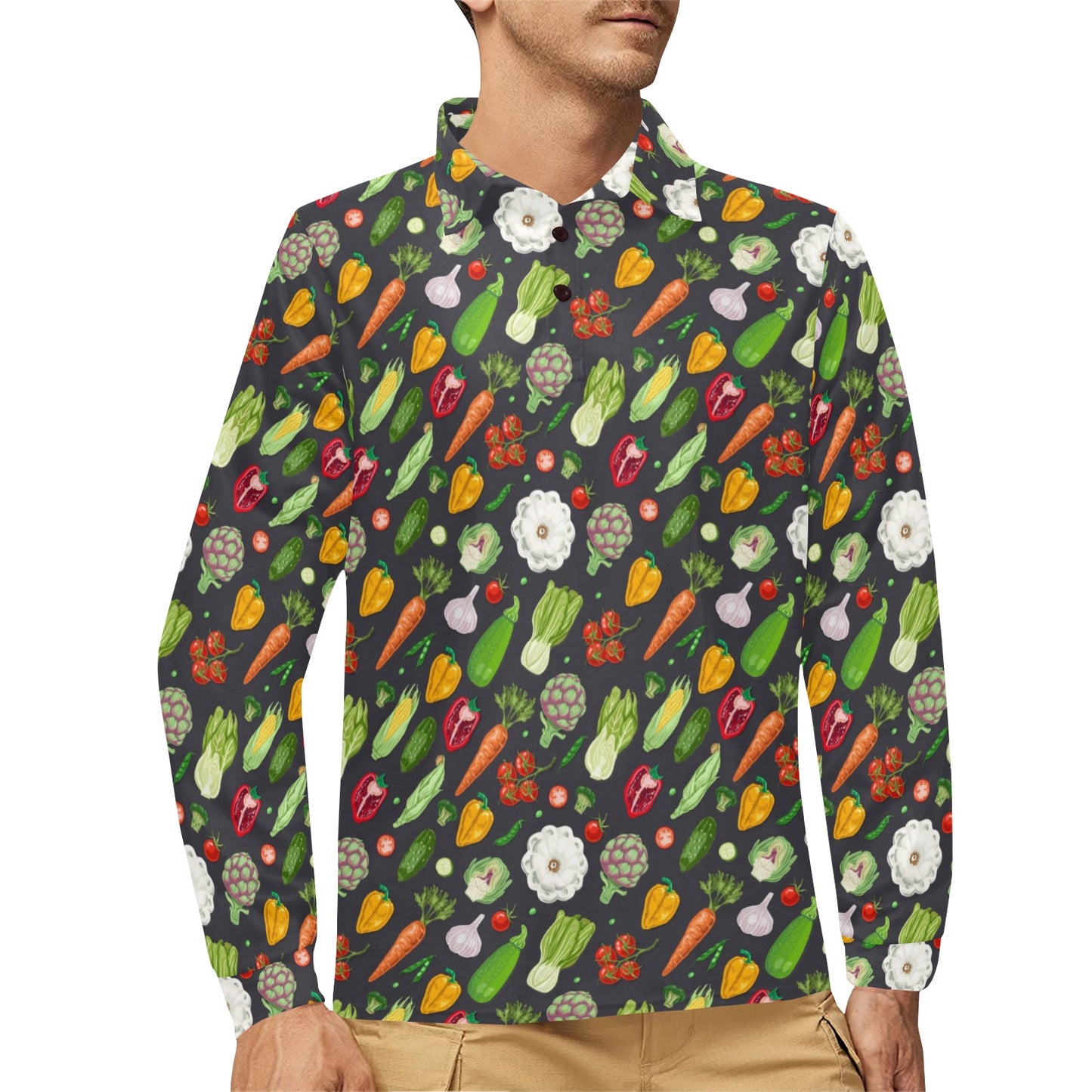 Vegan Pattern Themed Design Print Long Sleeve Polo Shirt For Men's