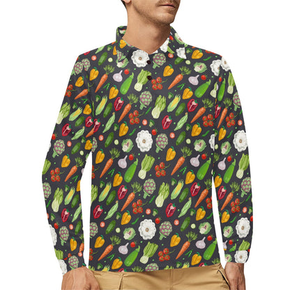 Vegan Pattern Themed Design Print Long Sleeve Polo Shirt For Men's