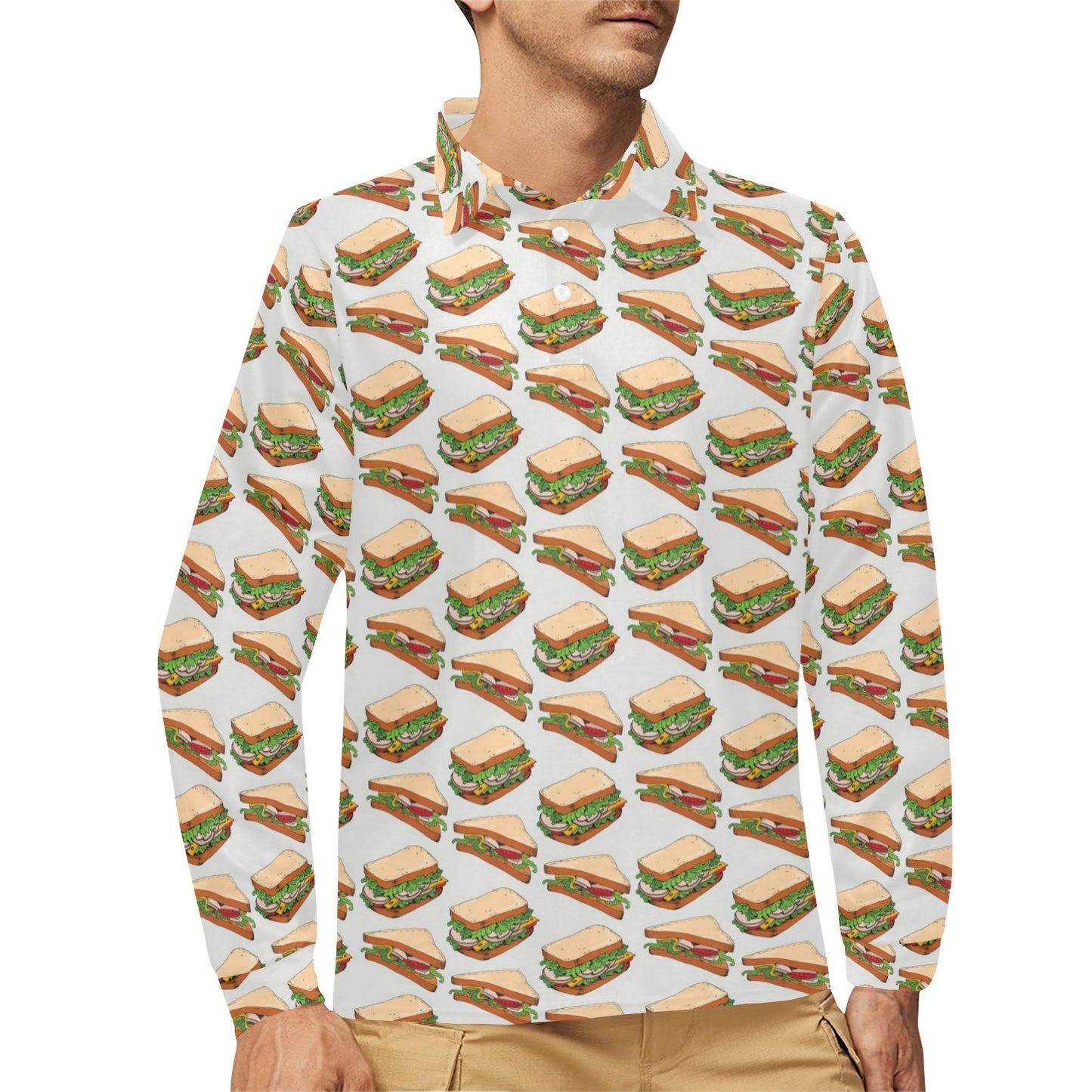 Sandwich Print Design LKS302 Long Sleeve Polo Shirt For Men's