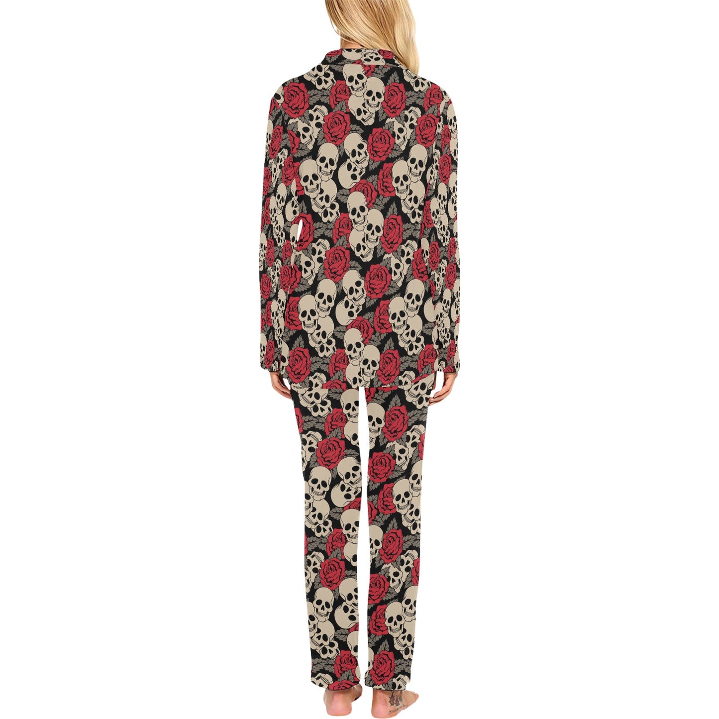 Skull And Roses Print Design LKS301 Women's Long Pajama Set