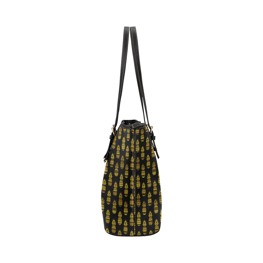 Pineapple Gold Tribal Style Print Leather Tote Bag