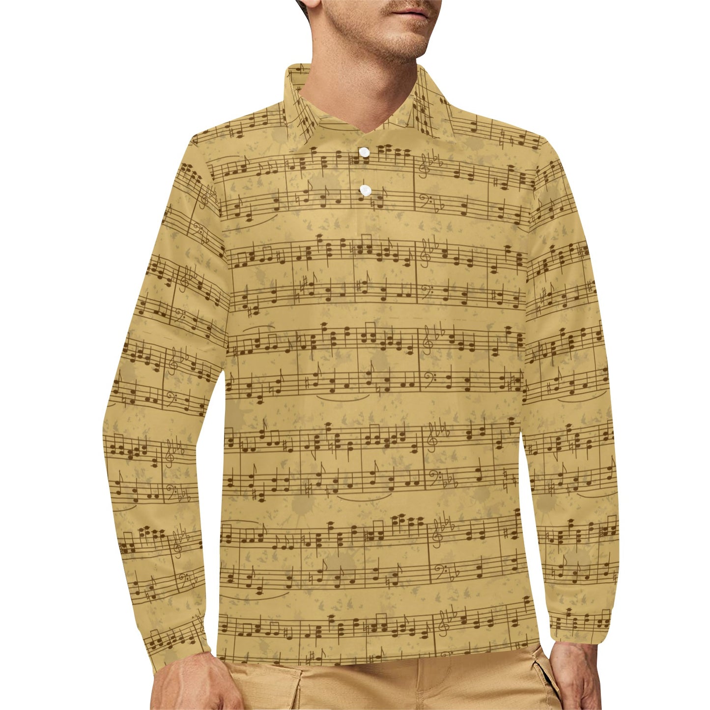 Music Note Vintage Themed Print Long Sleeve Polo Shirt For Men's