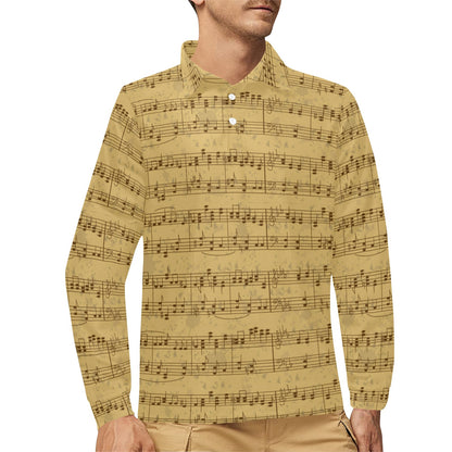 Music Note Vintage Themed Print Long Sleeve Polo Shirt For Men's