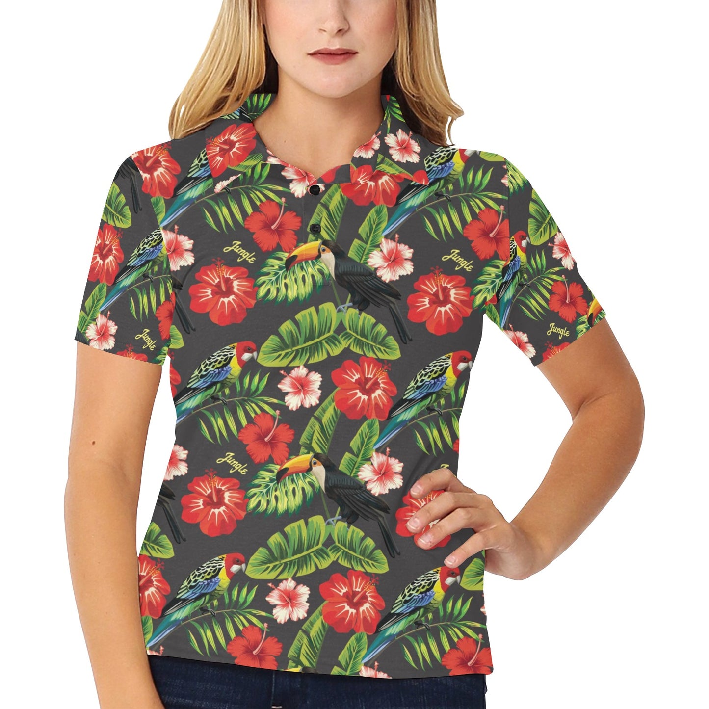Hibiscus Red With Parrotprint Design LKS303 Women's Polo Shirt