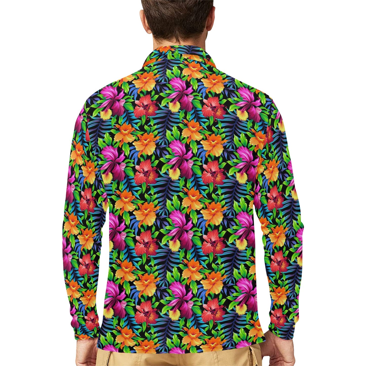 Tropical Folower Colorful Print Long Sleeve Polo Shirt For Men's