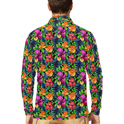 Tropical Folower Colorful Print Long Sleeve Polo Shirt For Men's