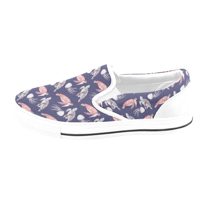 Sea Turtle With Jelly Fish Print Design LKS301 White Slip Ons Canvas Women's Shoes