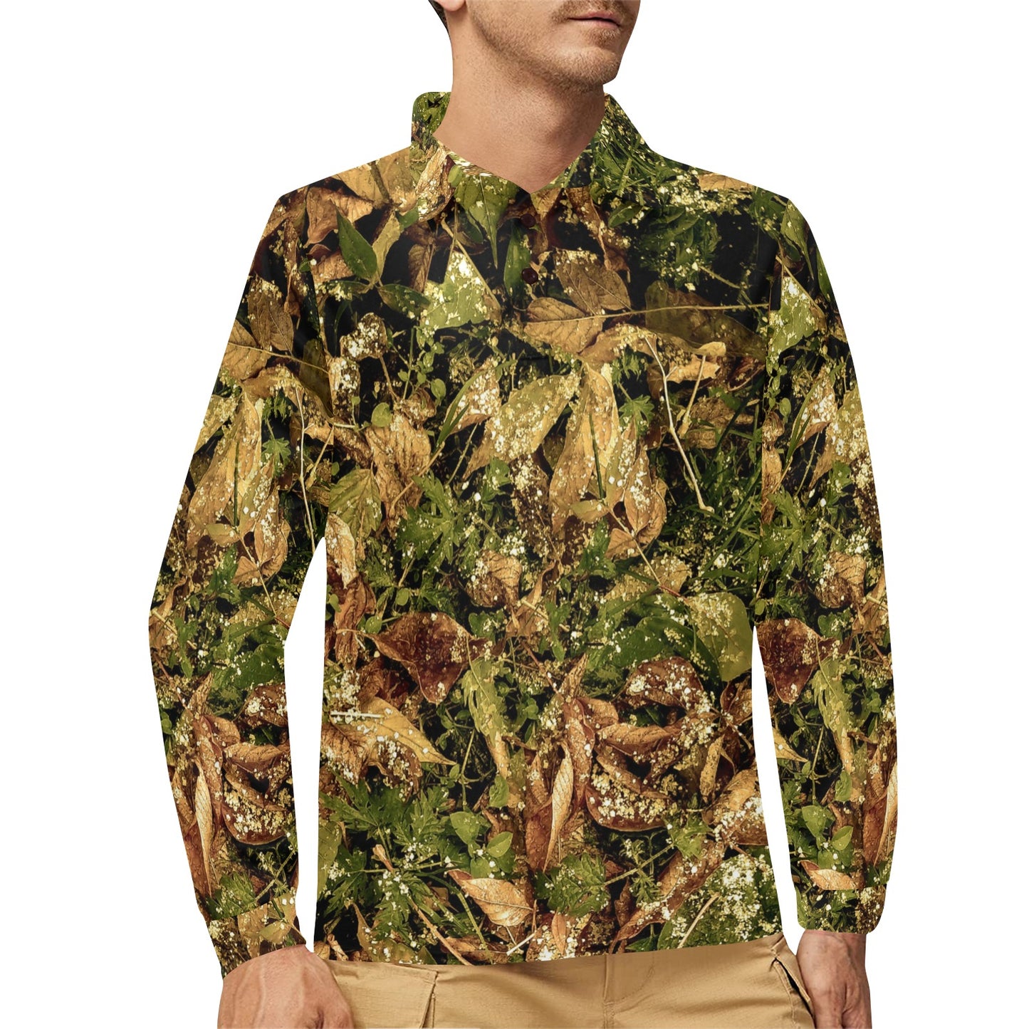 Camo Realistic Tree Forest Texture Print Long Sleeve Polo Shirt For Men's