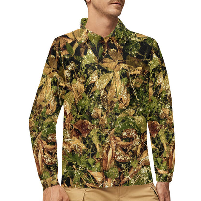 Camo Realistic Tree Forest Texture Print Long Sleeve Polo Shirt For Men's