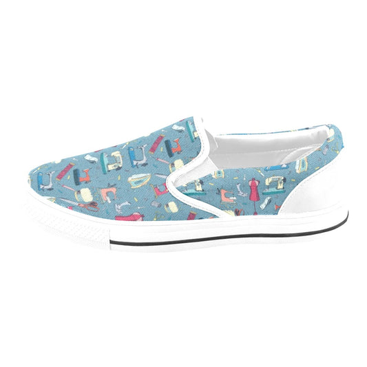 Sewing Equipment Print Design LKS301 White Slip Ons Canvas Women's Shoes