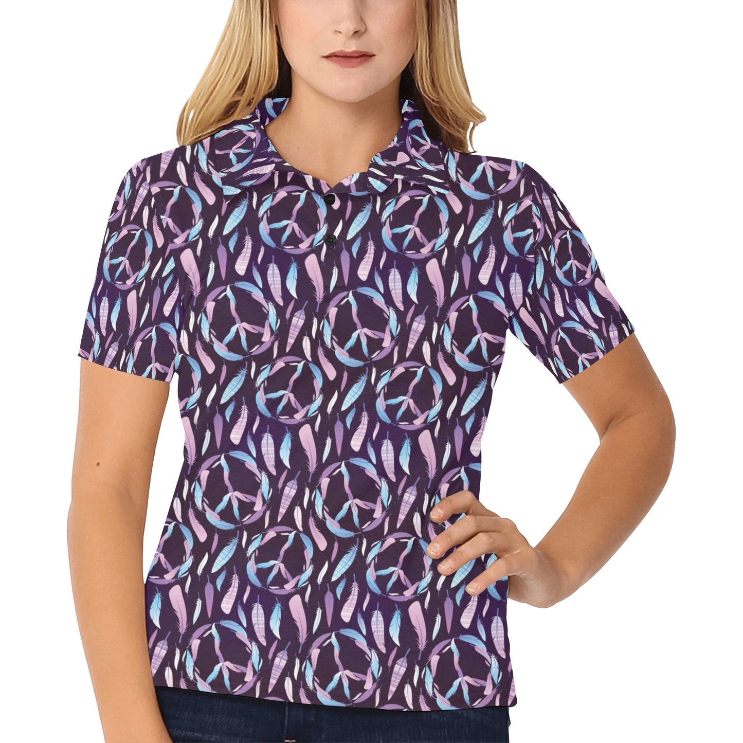 Peace Sign Feather Design Print Women's Polo Shirt