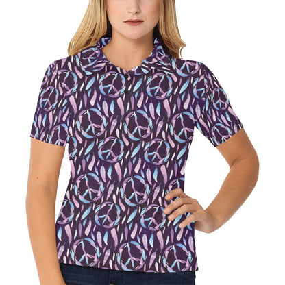 Peace Sign Feather Design Print Women's Polo Shirt
