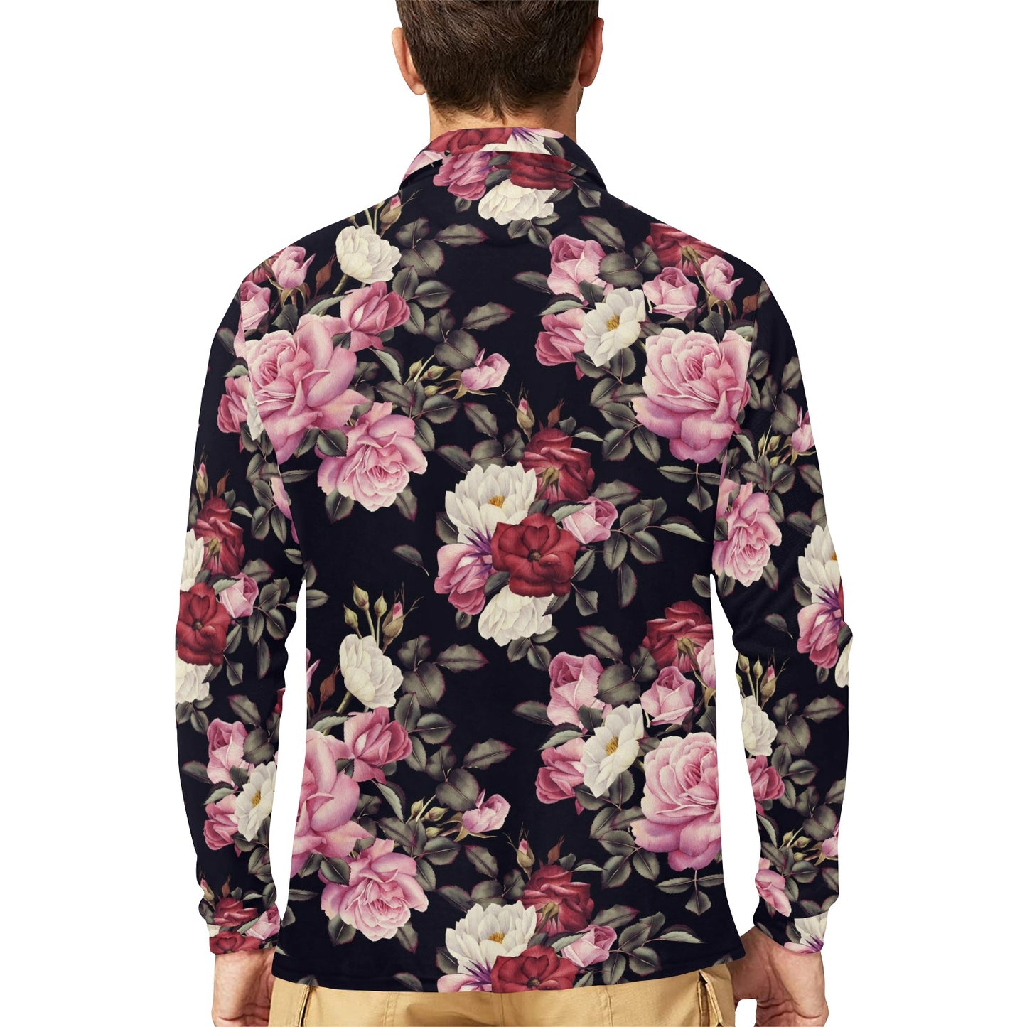 Rose Pattern Long Sleeve Polo Shirt For Men's