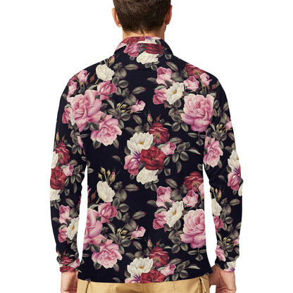 Rose Pattern Long Sleeve Polo Shirt For Men's
