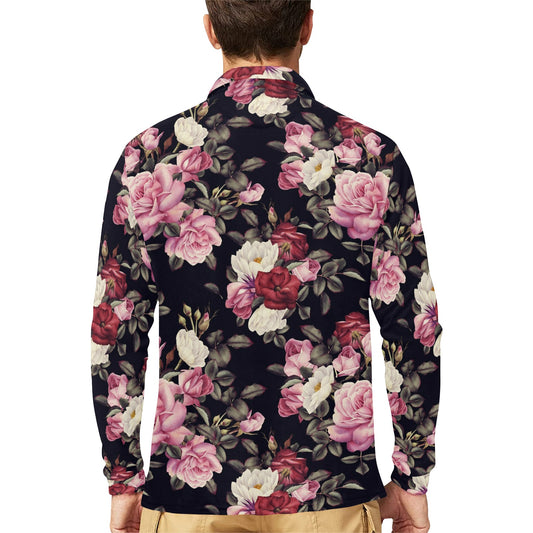 Rose Pattern Long Sleeve Polo Shirt For Men's
