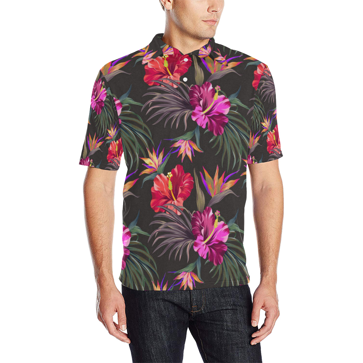 Hibiscus Pattern Print Design HB014 Men Polo Shirt