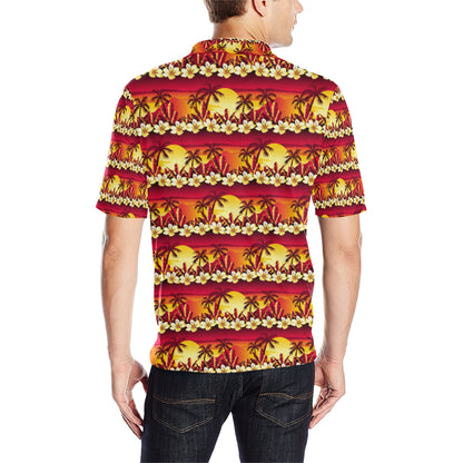 Hawaiian Tropical Sunset Hibiscus Print Men Polo Shirt